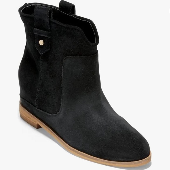 Cole Haan Rayna Wedge Bootie Black Almond Toe Suede Leather Ankle Boots 7.5 - Picture 2 of 13